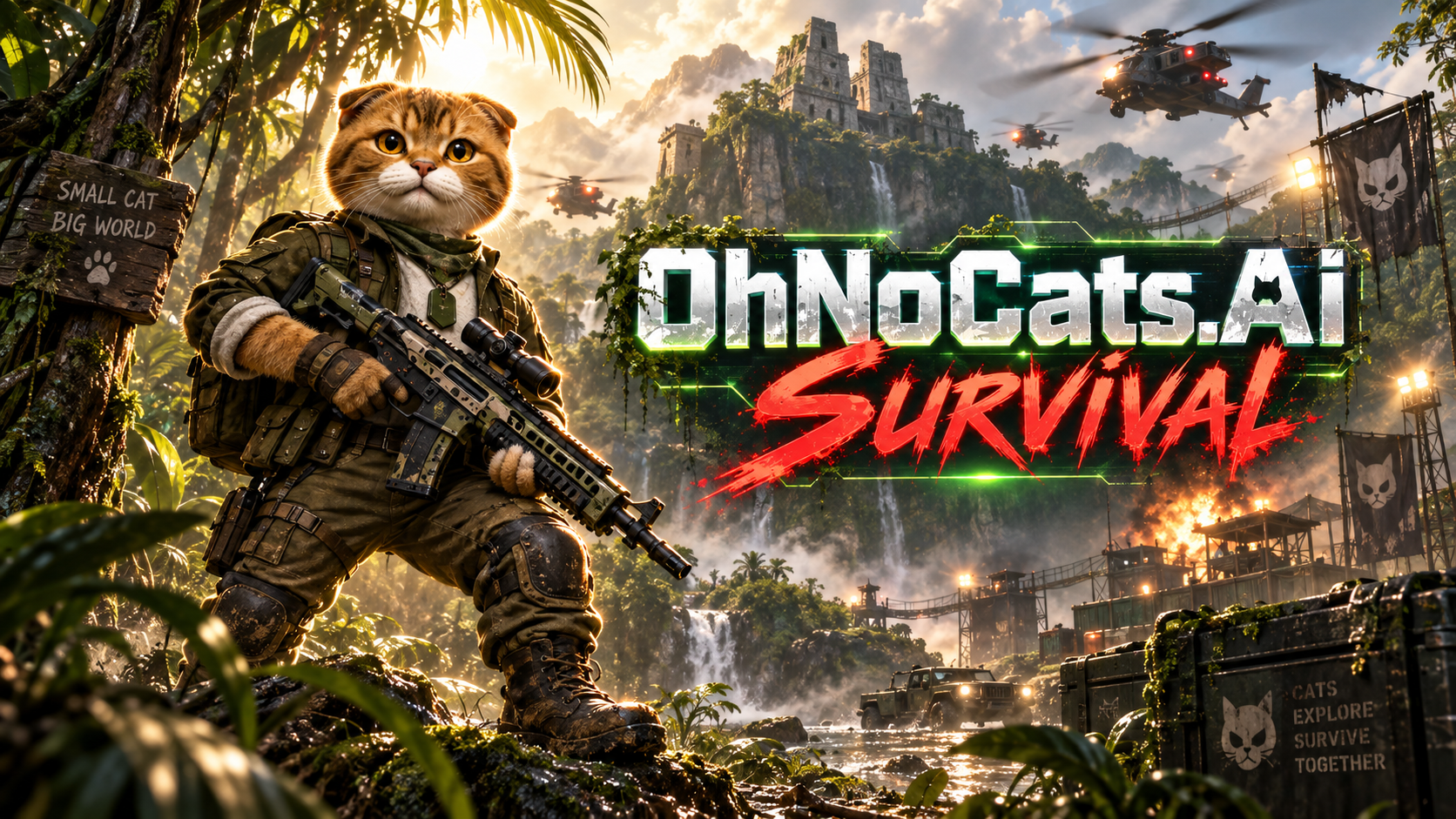 OhNoCats.Ai Survival key art: a Scottish-fold ginger cat in full military kit, holding a scoped assault rifle, crouched on a mossy rock in a sunlit jungle ravine. A ruined stone temple and waterfalls rise behind her, attack helicopters sweep in over the canopy, and a floodlit forward base with cat-emblem banners burns on the right. A wooden sign at the left reads “Small cat, big world”.